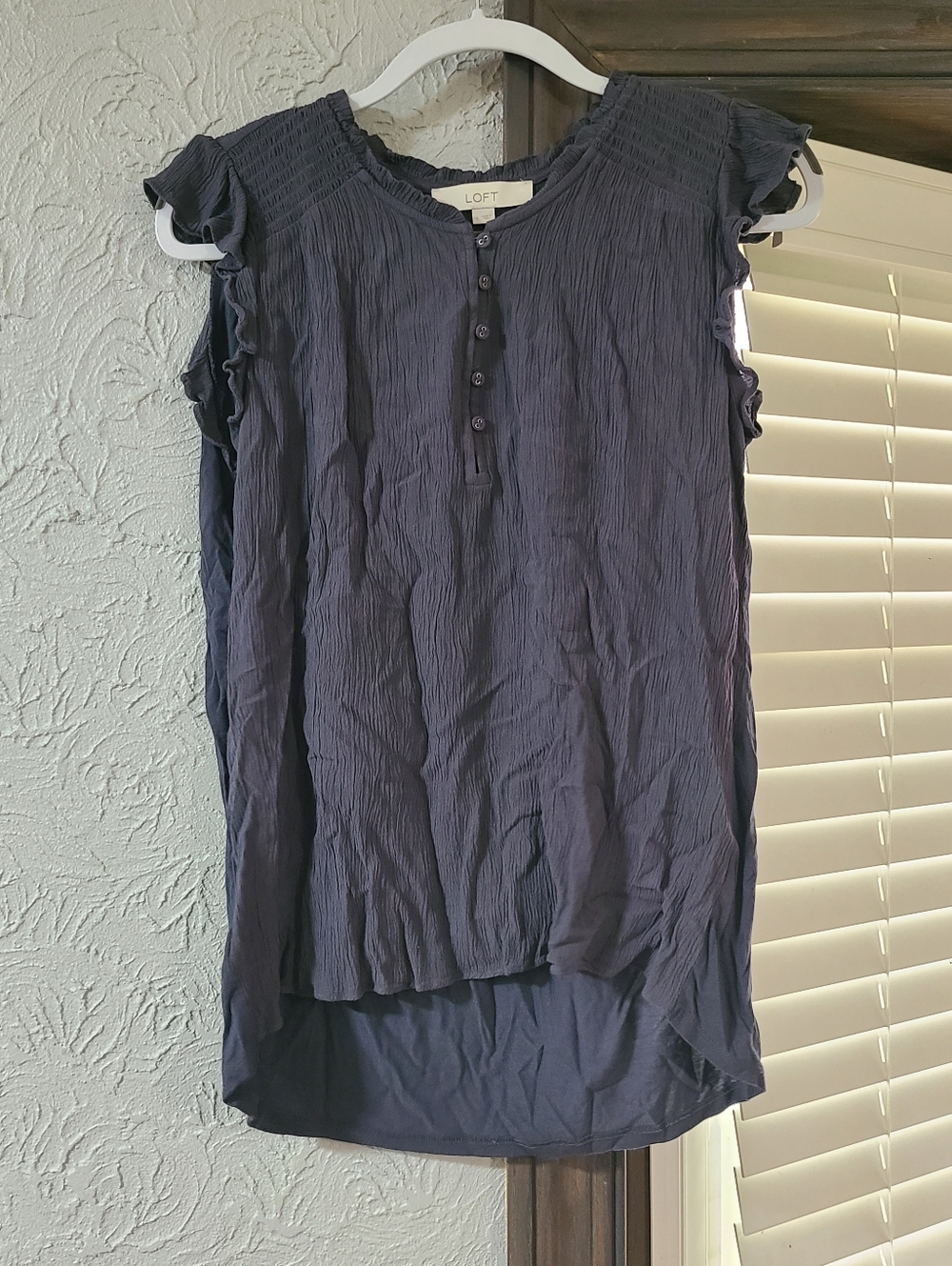 LOFT Navy/Gray Crinkle Button Henley Top with Ruffle Sleeves